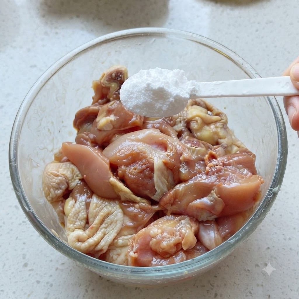 Un cucchiaio bianco che tiene una porzione di amido posizionato sopra una ciotola di vetro di pollo condito.