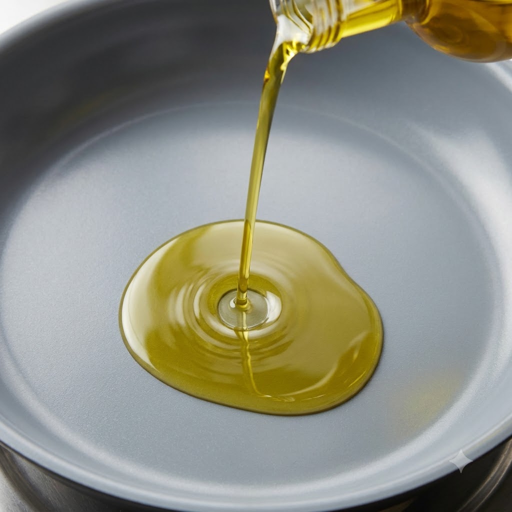 Olio da cucina versato da una bottiglia al centro di una padella grigia, creando increspature.