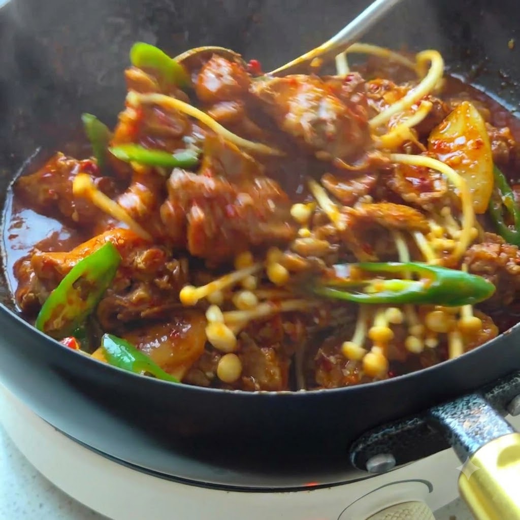 Pezzi di pollo saltati nel wok finché la superficie non diventa dorata.