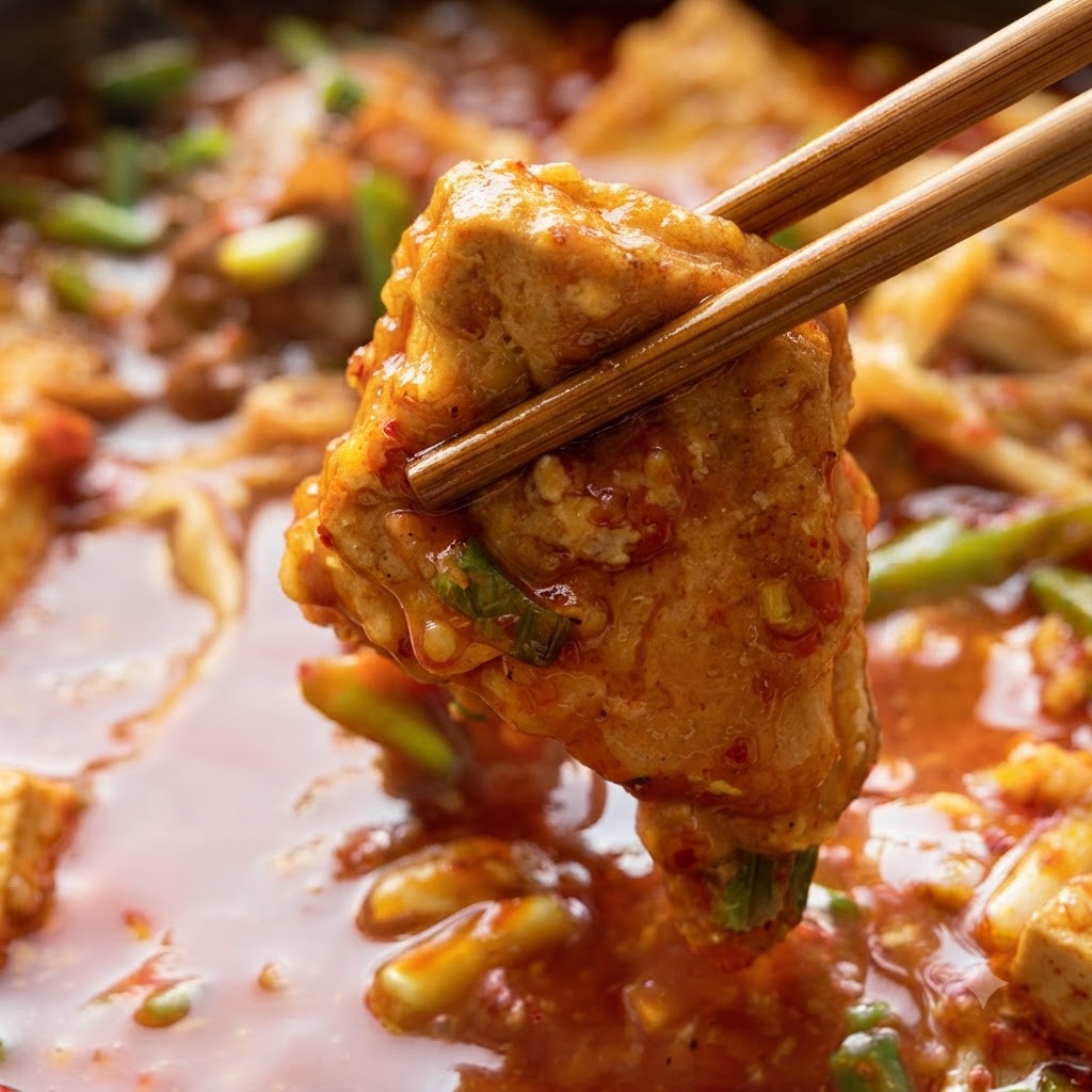 La salsa di peperoncino e spezie rossa preparata versata interamente nel wok con il pollo.
