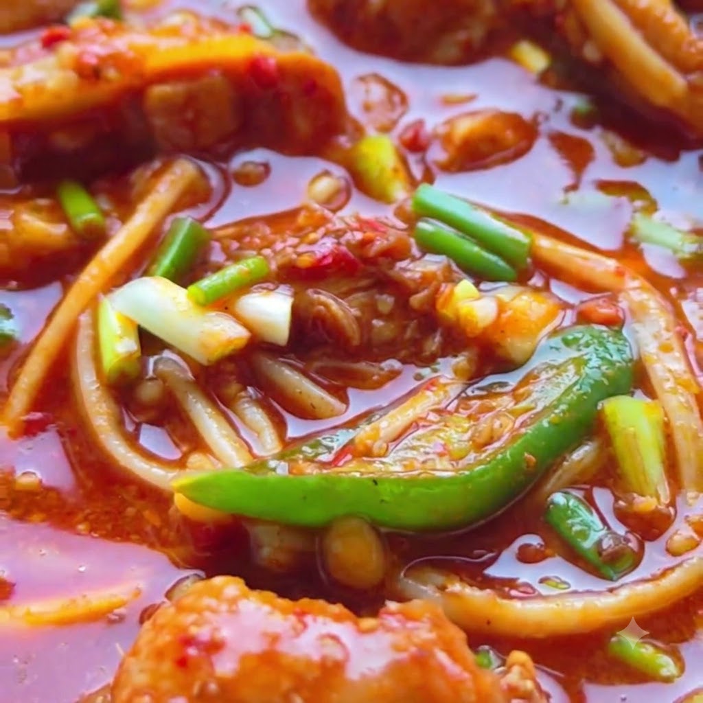 Acqua calda versata nel wok sopra il pollo e le spezie.