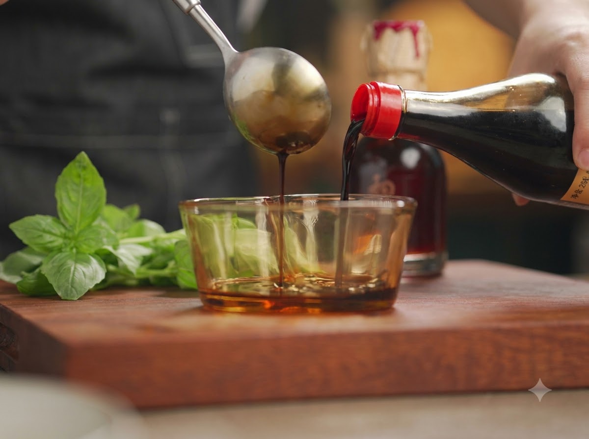 Salsa di soia chiara e altri liquidi versati da una bottiglia e un cucchiaio in una piccola ciotola di vetro.