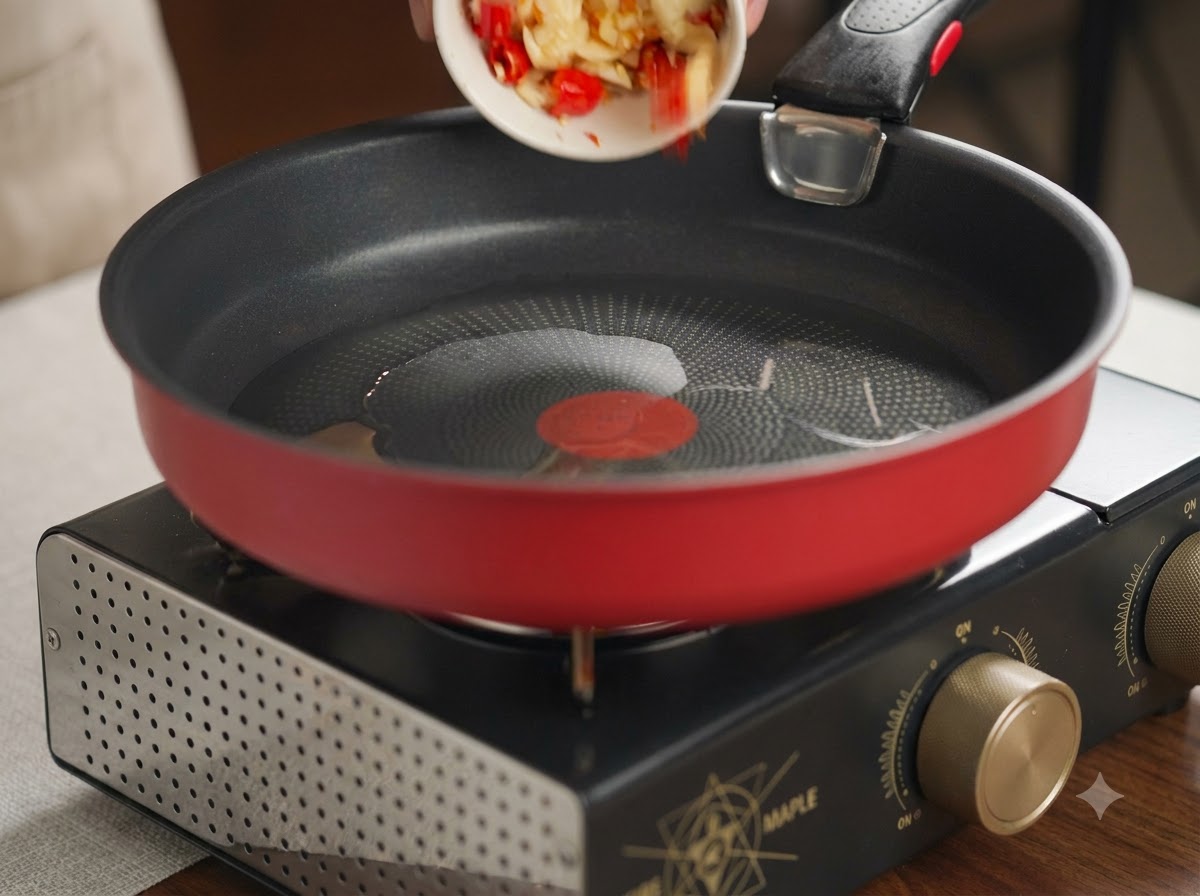 Aglio pestato e peperoncini rossi trasferiti da un piattino bianco in una padella rossa calda con olio.