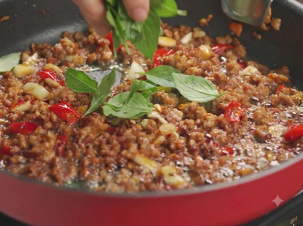 Foglie di basilico verde fresco gettate nella padella calda con la carne macinata cotta.