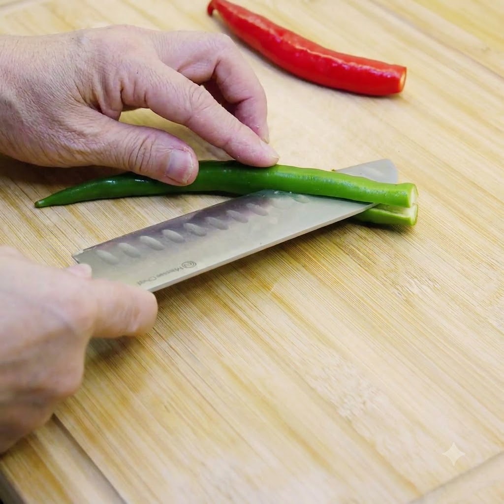 Peperoncini verdi e rossi tagliati e privati dei semi su un tagliere di legno.