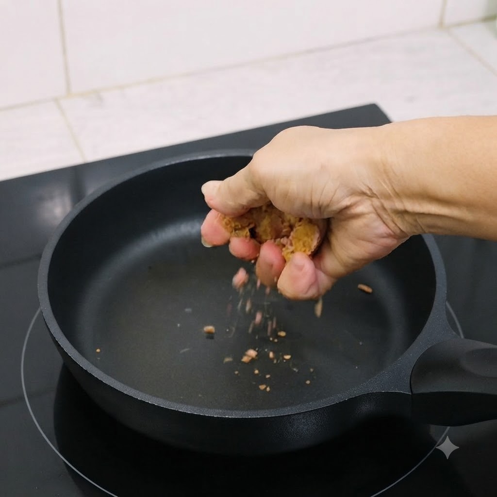 Blocchi di belacan sbriciolati tostati a secco in una padella calda.