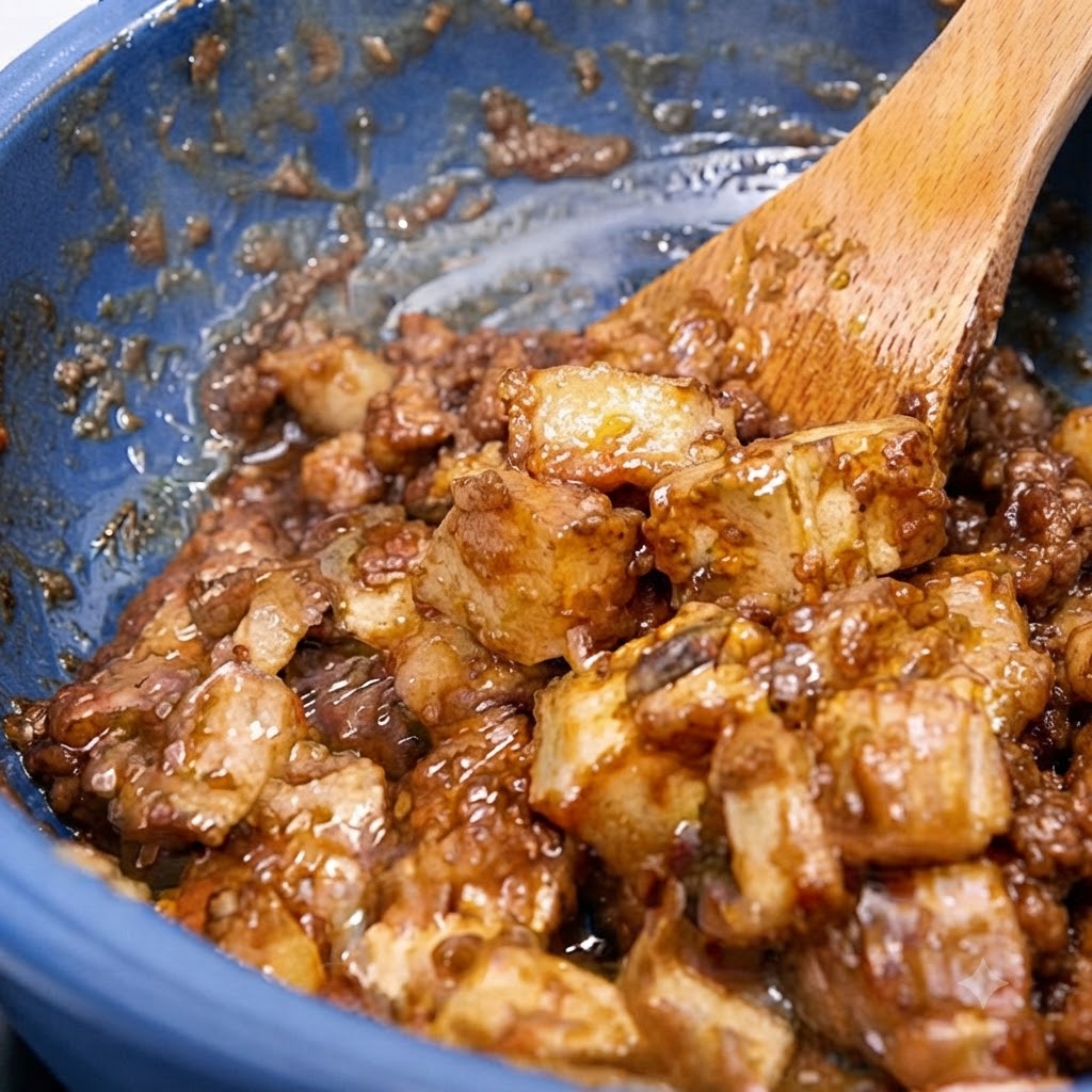 Pasta di belacan frullata e olio che cuociono allinterno di una pentola blu.
