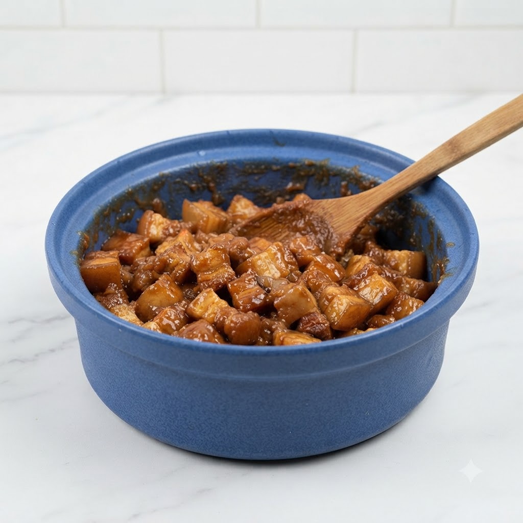 Pasta di soia combinata con la pasta di belacan in una pentola blu.