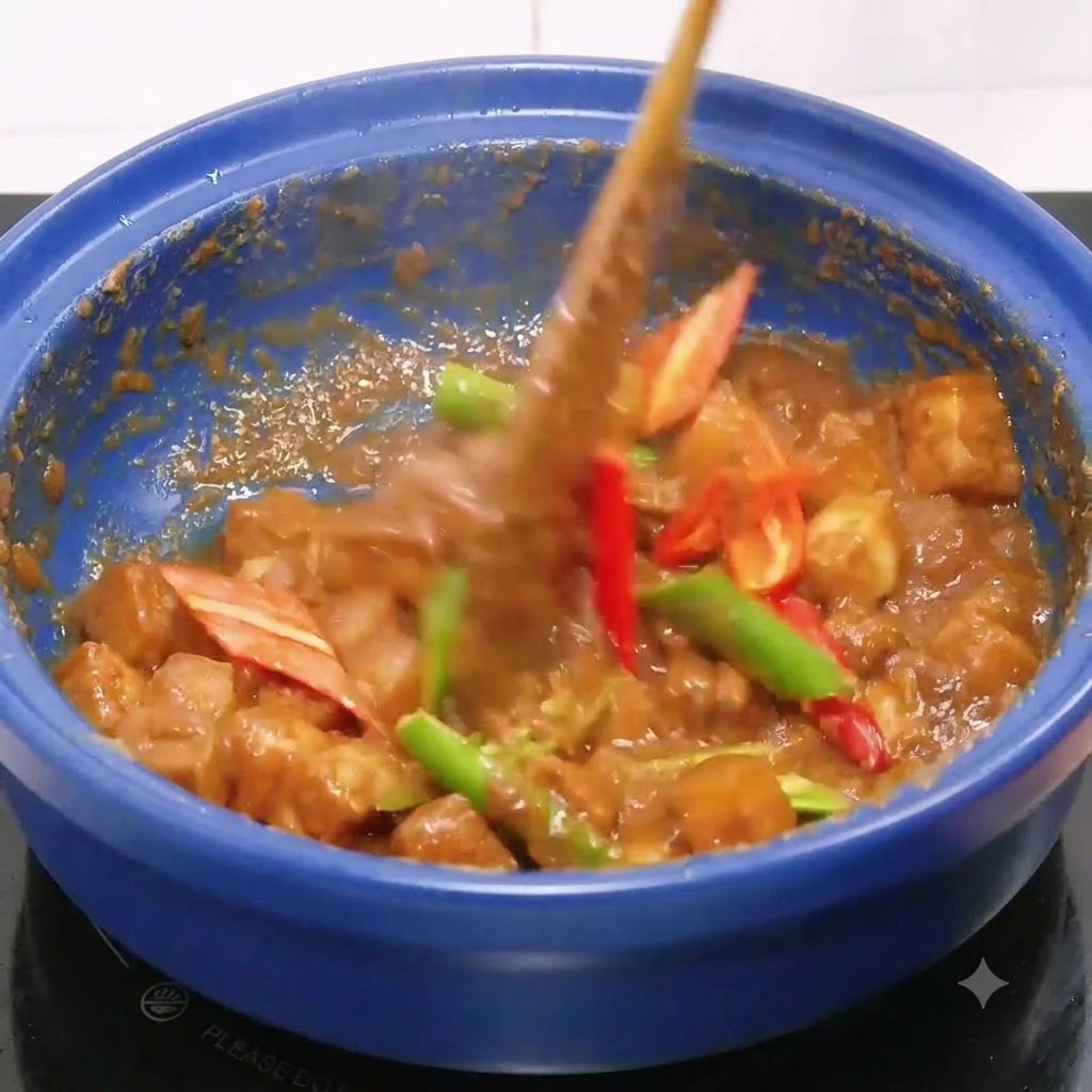 Pezzi di pancia di maiale sbollentata mescolati con la pasta allinterno di una pentola blu.