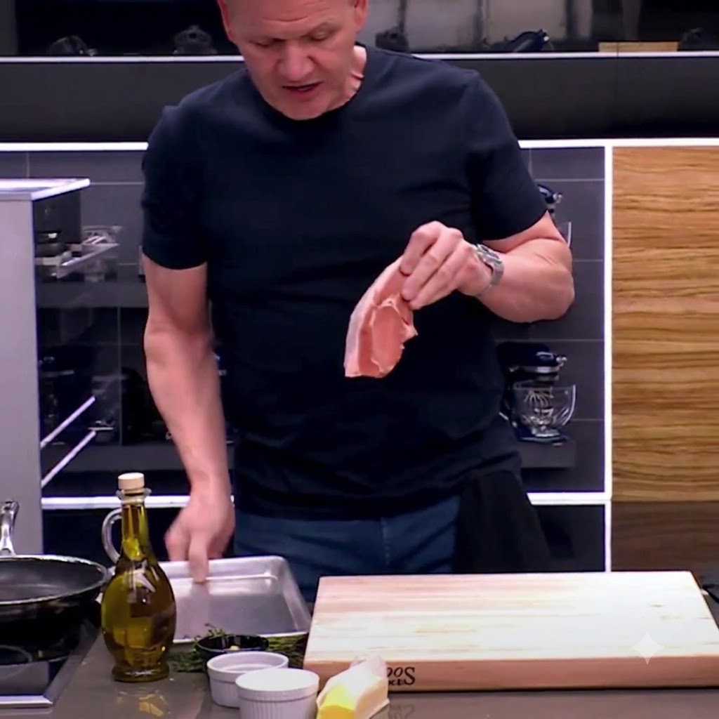 Un paio di forbici da cucina che tagliano filamenti di grasso da una costata di maiale su un tagliere di legno.