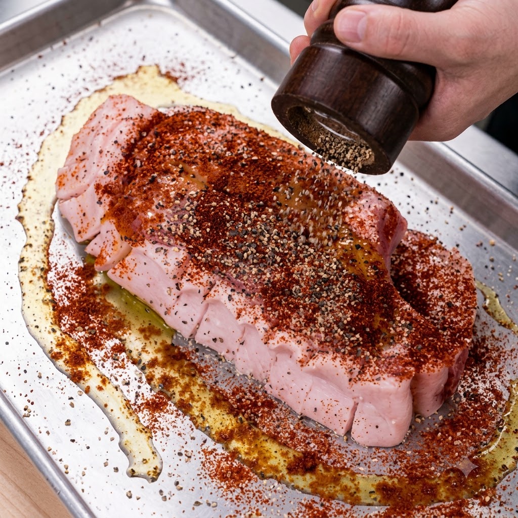Olio doliva, paprika affumicata e peperoncino in polvere versati e cosparsi su una costata di maiale cruda.