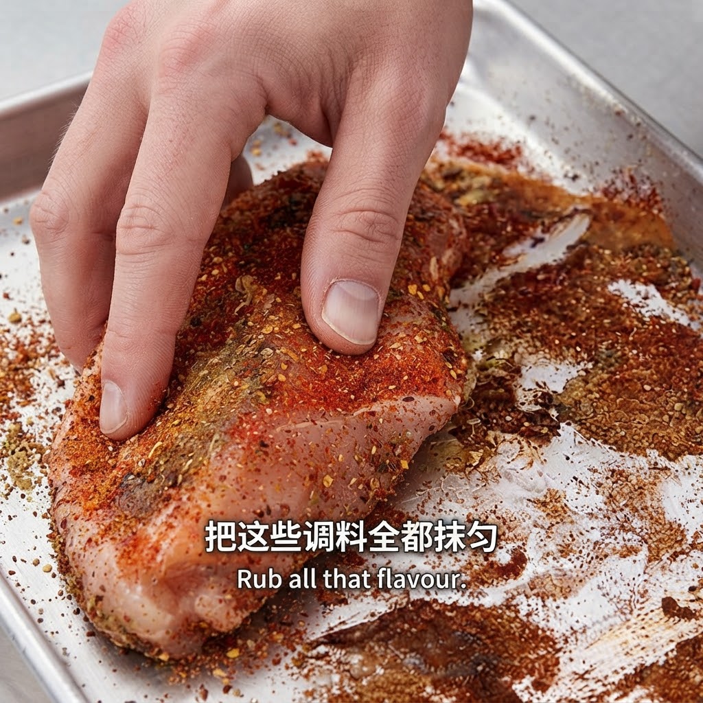 Una mano che massaggia il condimento di spezie e olio in una costata di maiale cruda.