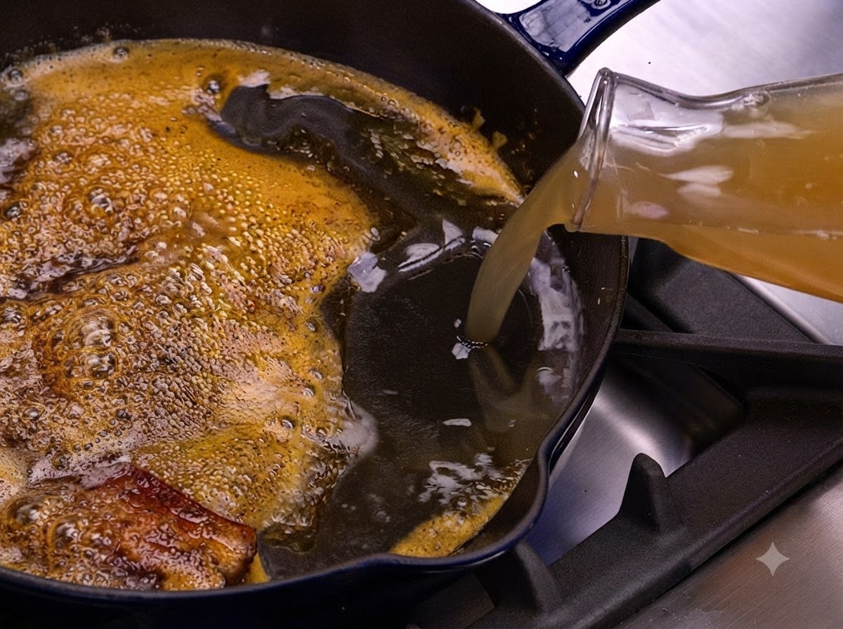 Brodo liquido chiaro versato da una brocca di vetro in una padella di ghisa contenente una costata di maiale scottata.