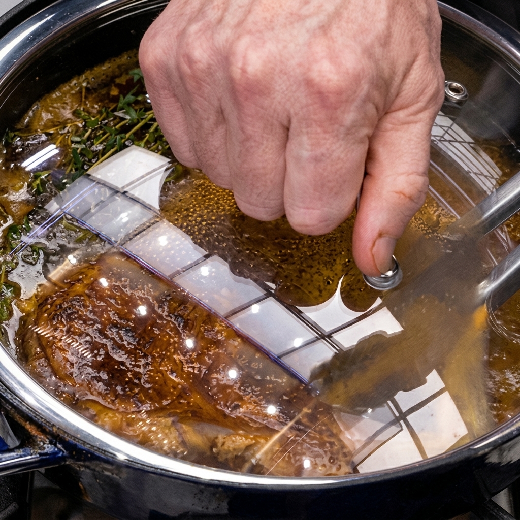 Una mano che posiziona un coperchio di vetro su una padella di ghisa calda per coprire una costata di maiale in cottura.