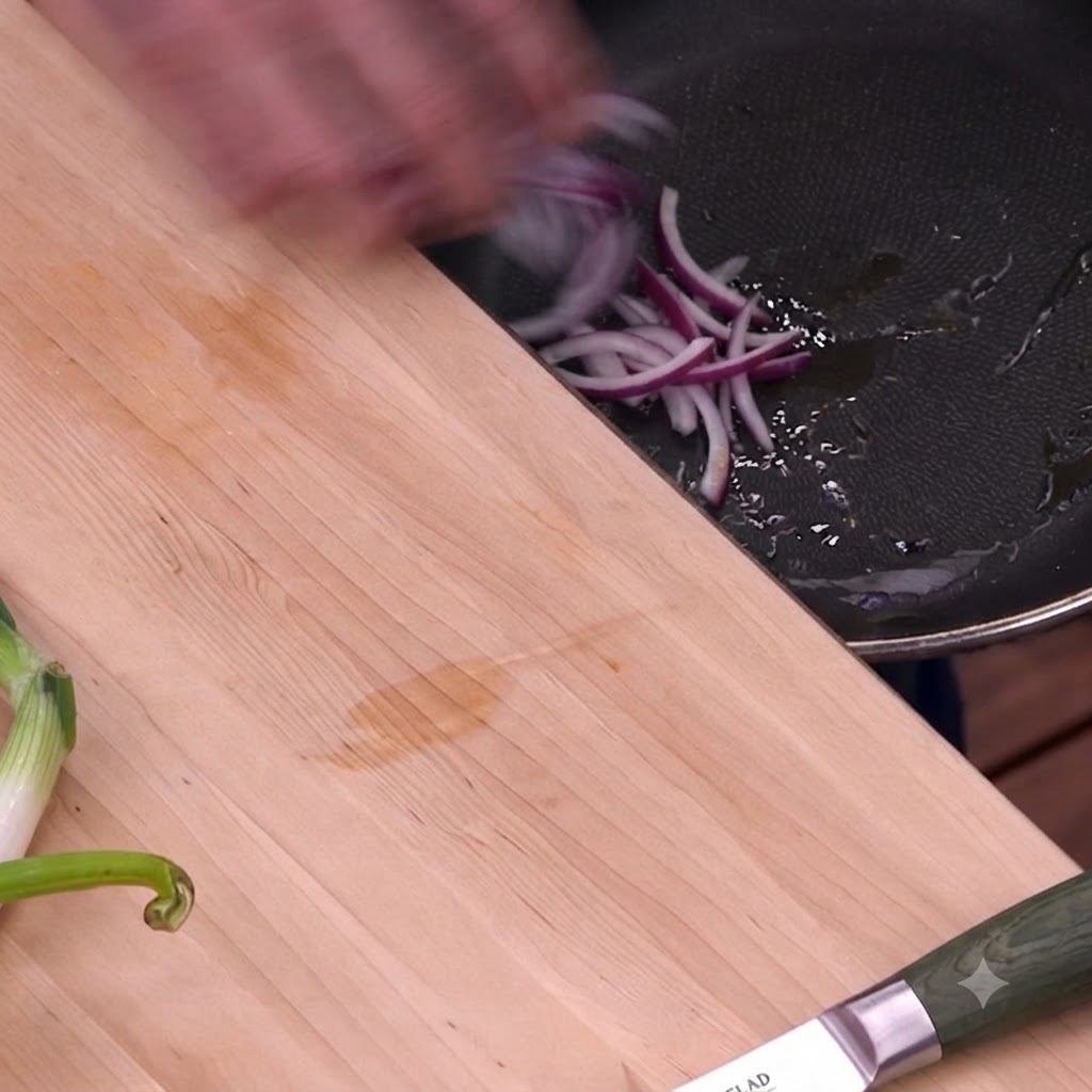 Cipolle rosse affettate sottilmente che scivolano da un tagliere di legno in una padella calda con olio sfrigolante.