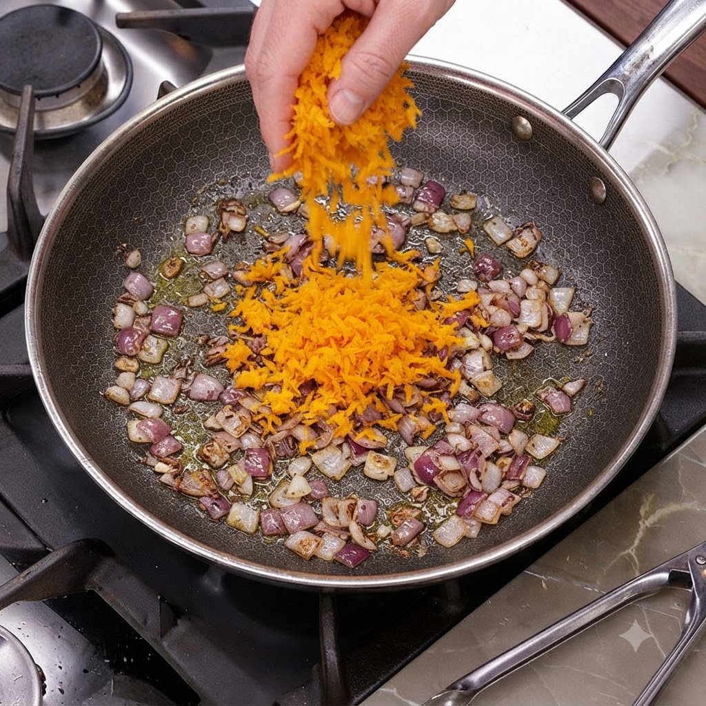 Zucca butternut fresca grattugiata sparsa in una padella piena di cipolle saltate.
