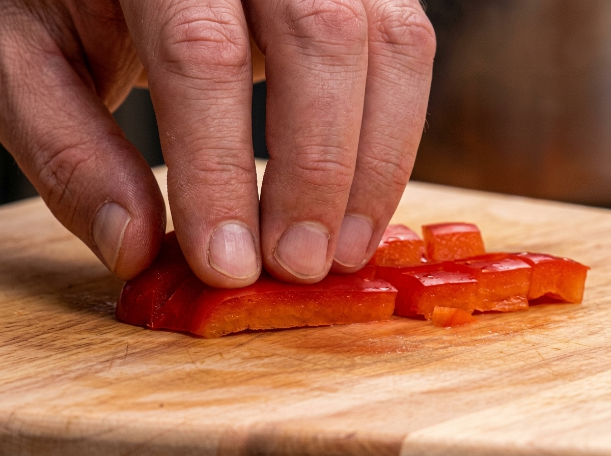 Peperoni rossi e gialli tagliati a dadini grandi aggiunti al mix di verdure nella padella.