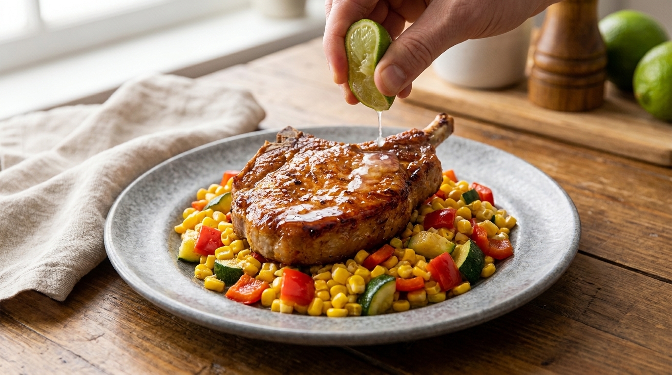 Costata di Maiale in Padella con Succotash Estivo