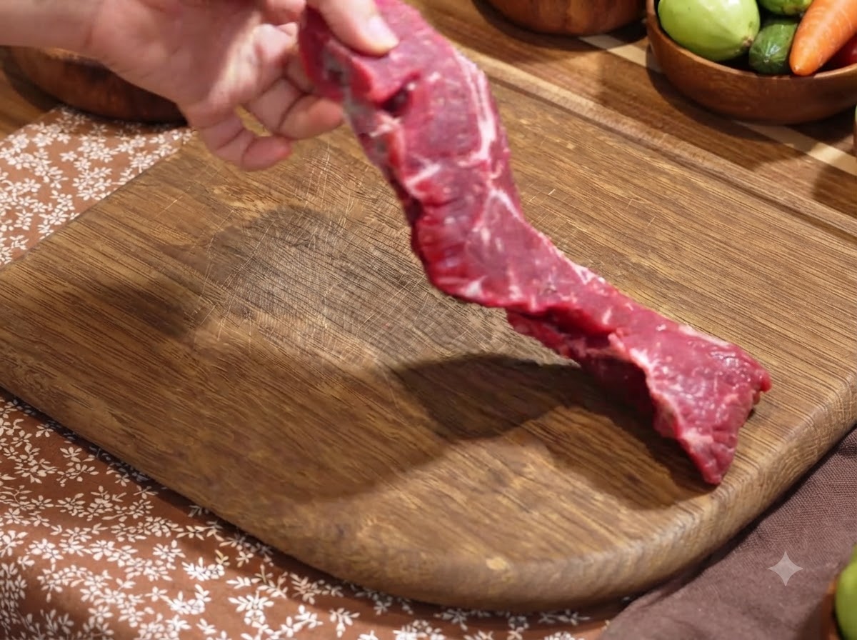 Filetto di manzo fresco tagliato a pezzi su un tagliere di legno.