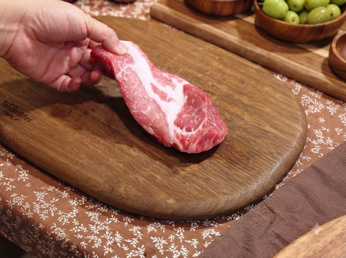 Una cotoletta di spalla di maiale cruda tenuta da una mano sopra un tagliere di legno.