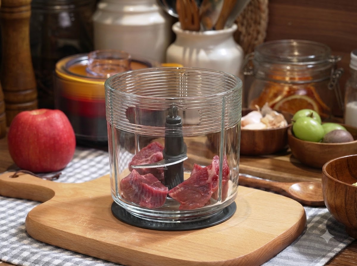 Pezzi di carne di manzo cruda posizionati allinterno della ciotola di vetro di un robot da cucina.