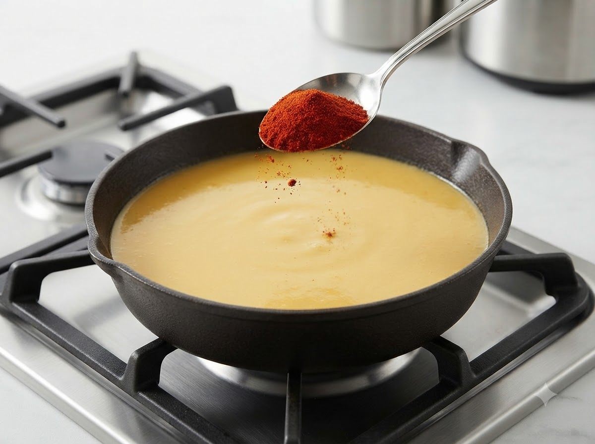 Polvere di paprika dolce aggiunta da un cucchiaio nella salsa al curry in cottura.