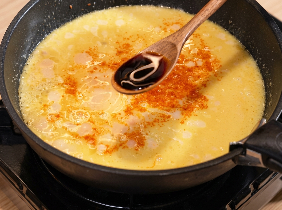 Salsa di soia chiara versata da un cucchiaio di legno nella salsa al curry che bolle in una padella nera.