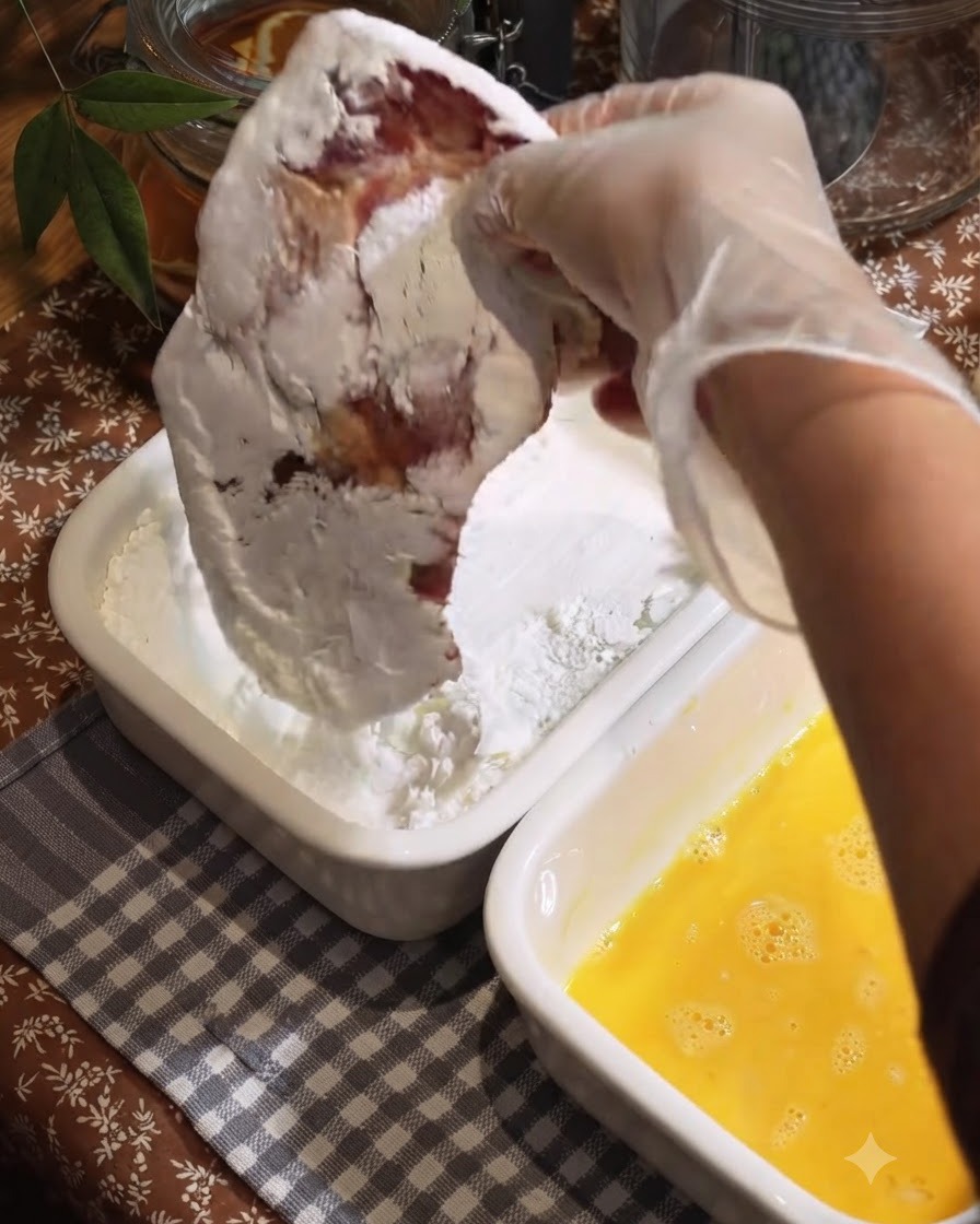 Una cotoletta di maiale marinata ricoperta di amido in un vassoio contenitore bianco.