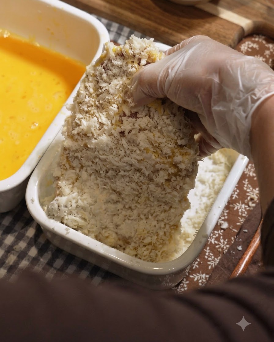 Una mano guantata che ricopre una cotoletta di carne bagnata nelluovo con il pangrattato allinterno di un contenitore di ceramica bianco.