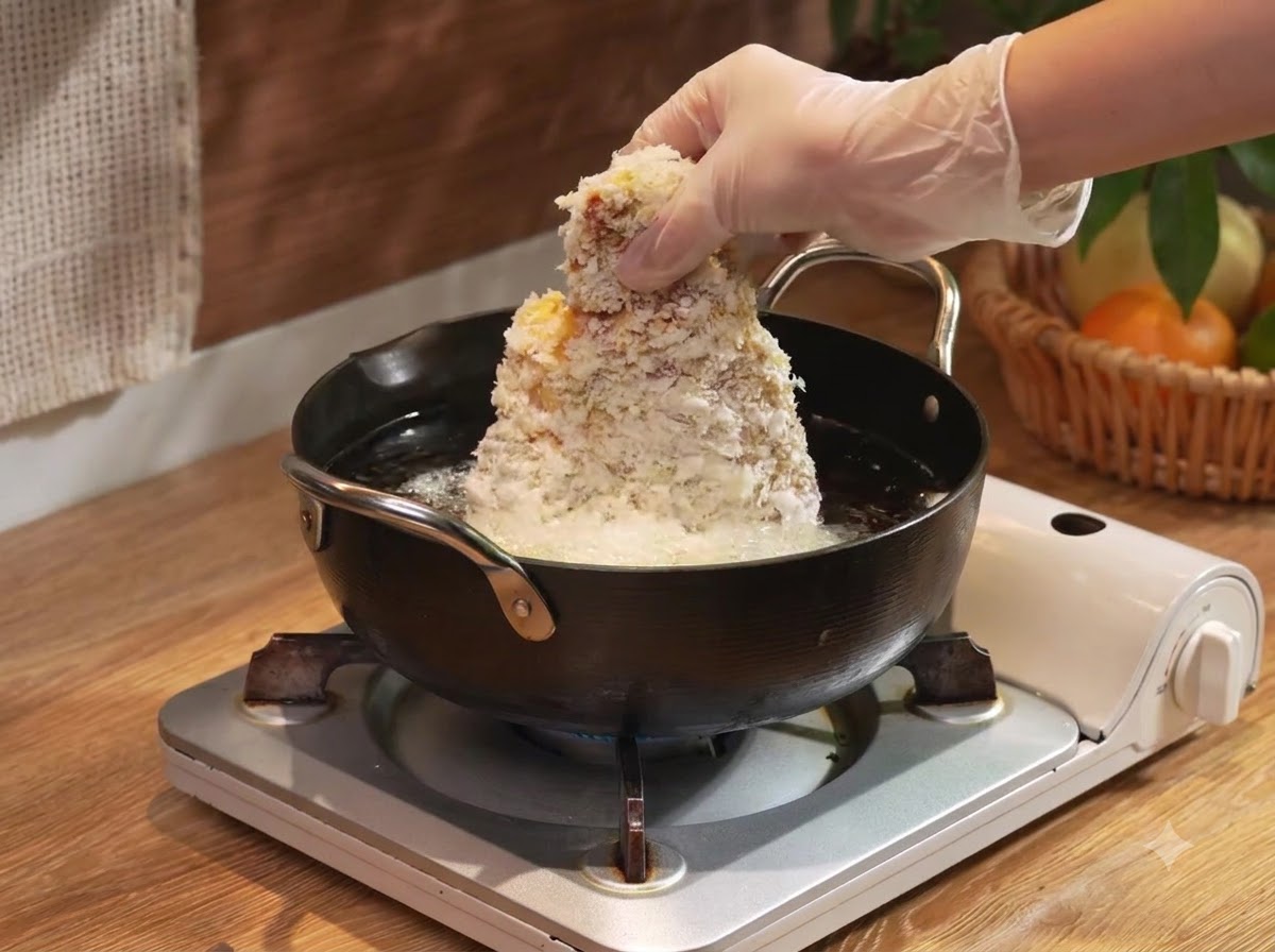 Una mano guantata che abbassa una cotoletta di maiale impanata nellolio caldo in una padella nera.