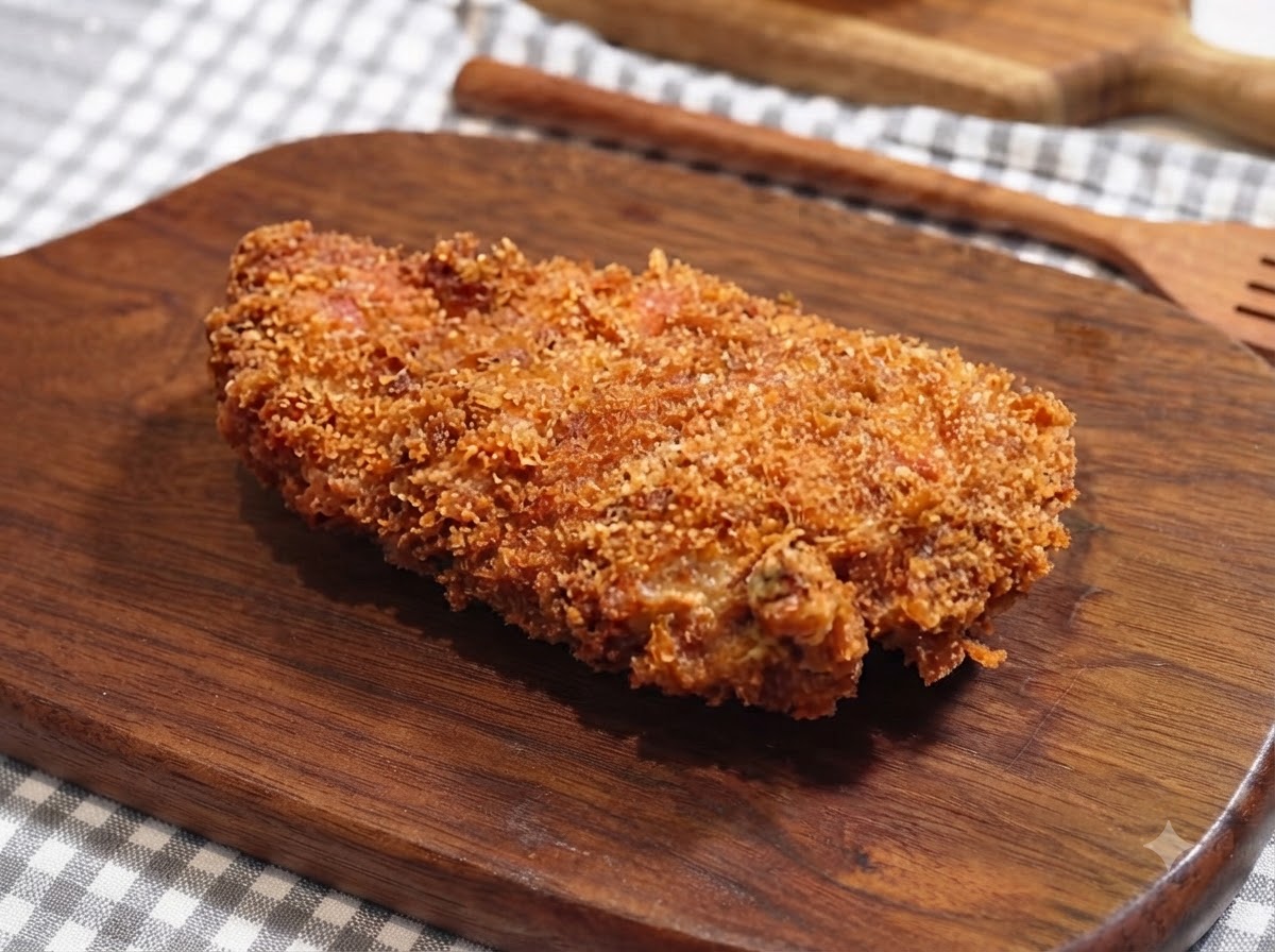 Una cotoletta di maiale fritta e dorata adagiata su una superficie di taglio in legno.