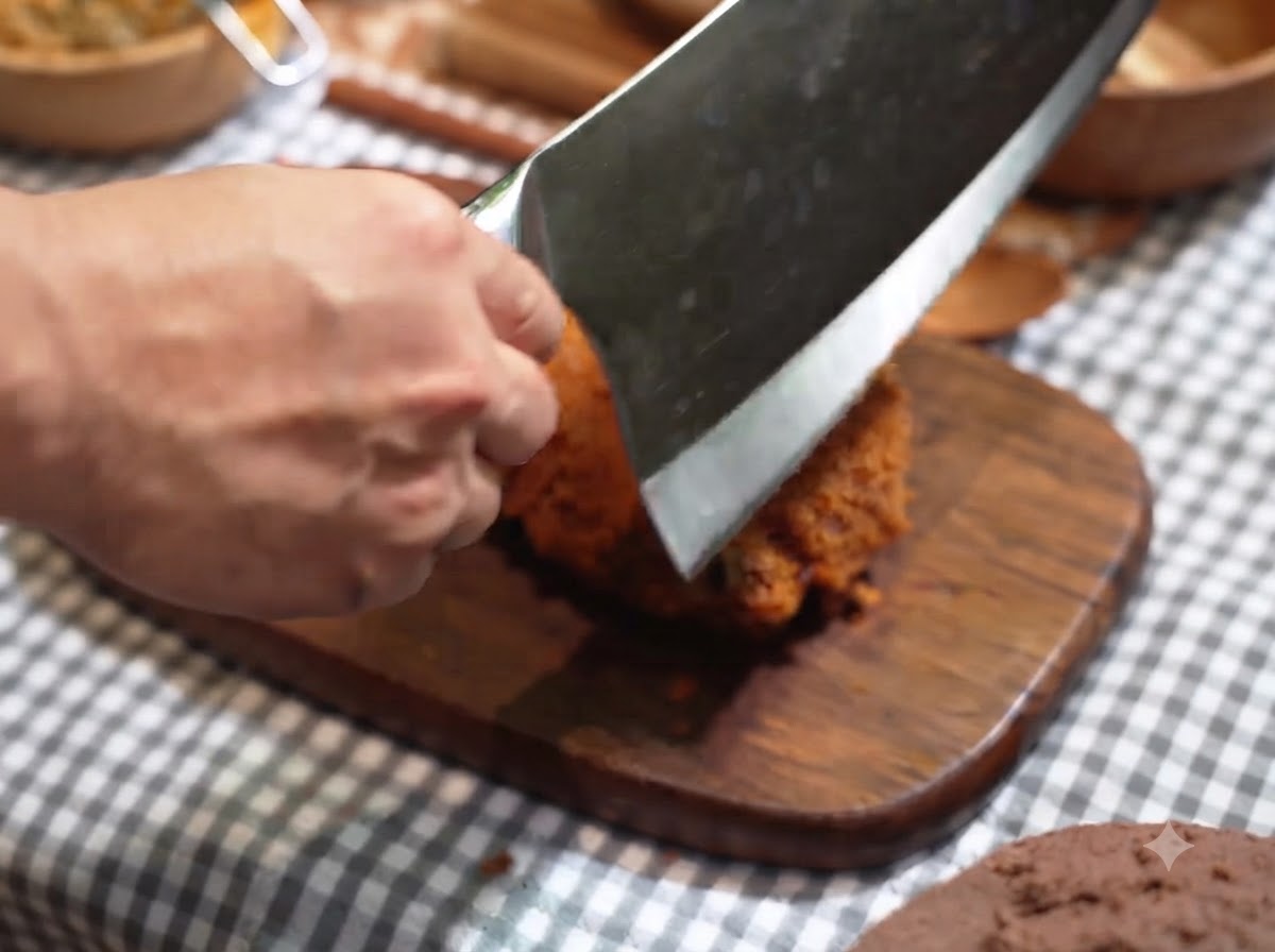 Una mannaia che taglia una cotoletta di maiale fritta e croccante su un tagliere di legno.
