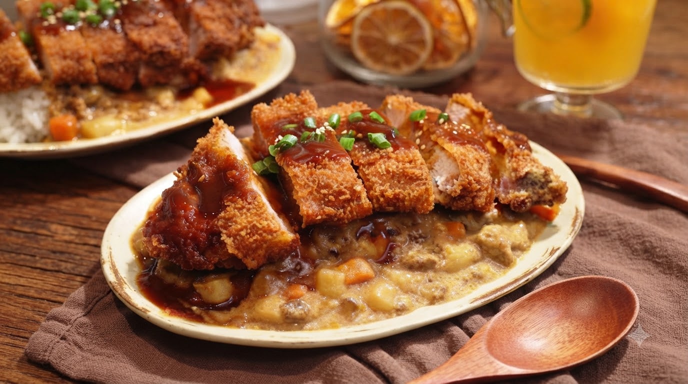 Fette di cotoletta di maiale croccante guarnite con salsa e semi di sesamo su salsa di carne al curry e riso, guarnite con cipolle verdi fresche.