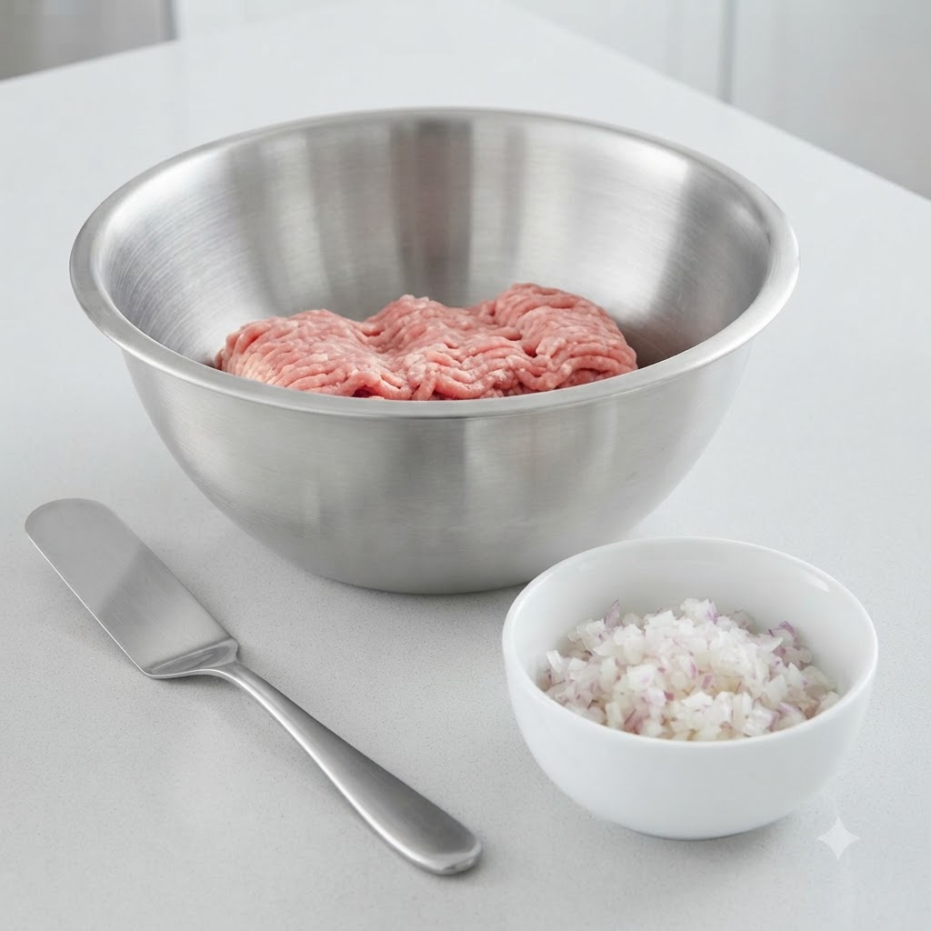 Una ciotola di miscelazione contenente pasta di maiale macinata accanto a una ciotola di cipolle tritate e una spatola.
