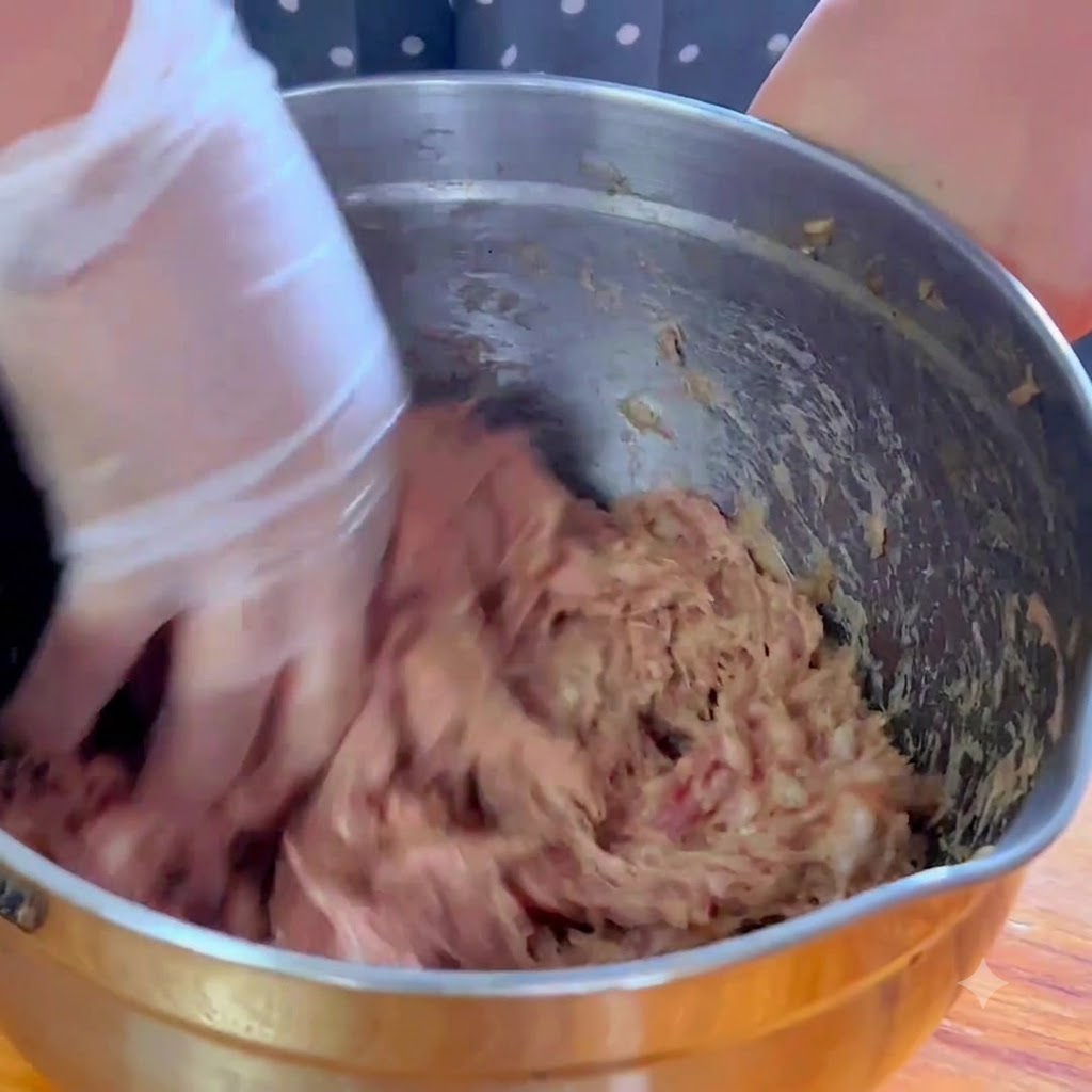 Una mano guantata che mescola e impasta vigorosamente il maiale condito allinterno di una ciotola di metallo.