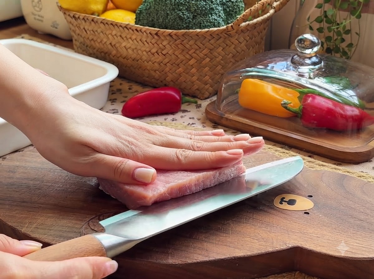 Una mano che tiene un coltello da chef mentre taglia a metà un pezzo di filetto di maiale fresco e rosa su un tagliere di legno.