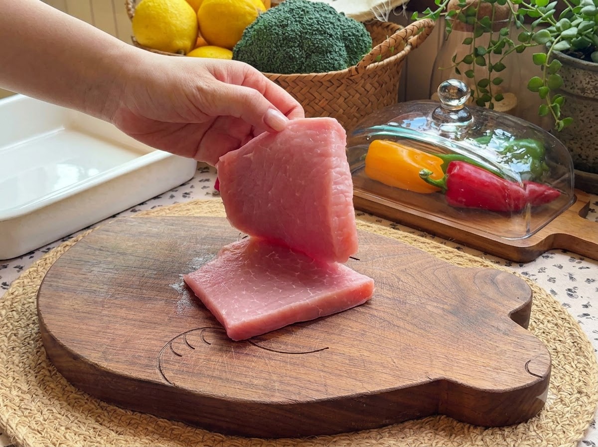 Un pezzo di filetto di maiale fresco e rosa sollevato sopra un tagliere di legno accanto a una teglia bianca.