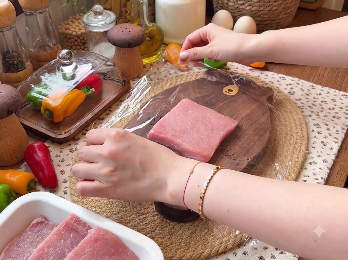 Un pezzo di filetto di maiale su un tagliere di legno coperto da un foglio trasparente di pellicola.