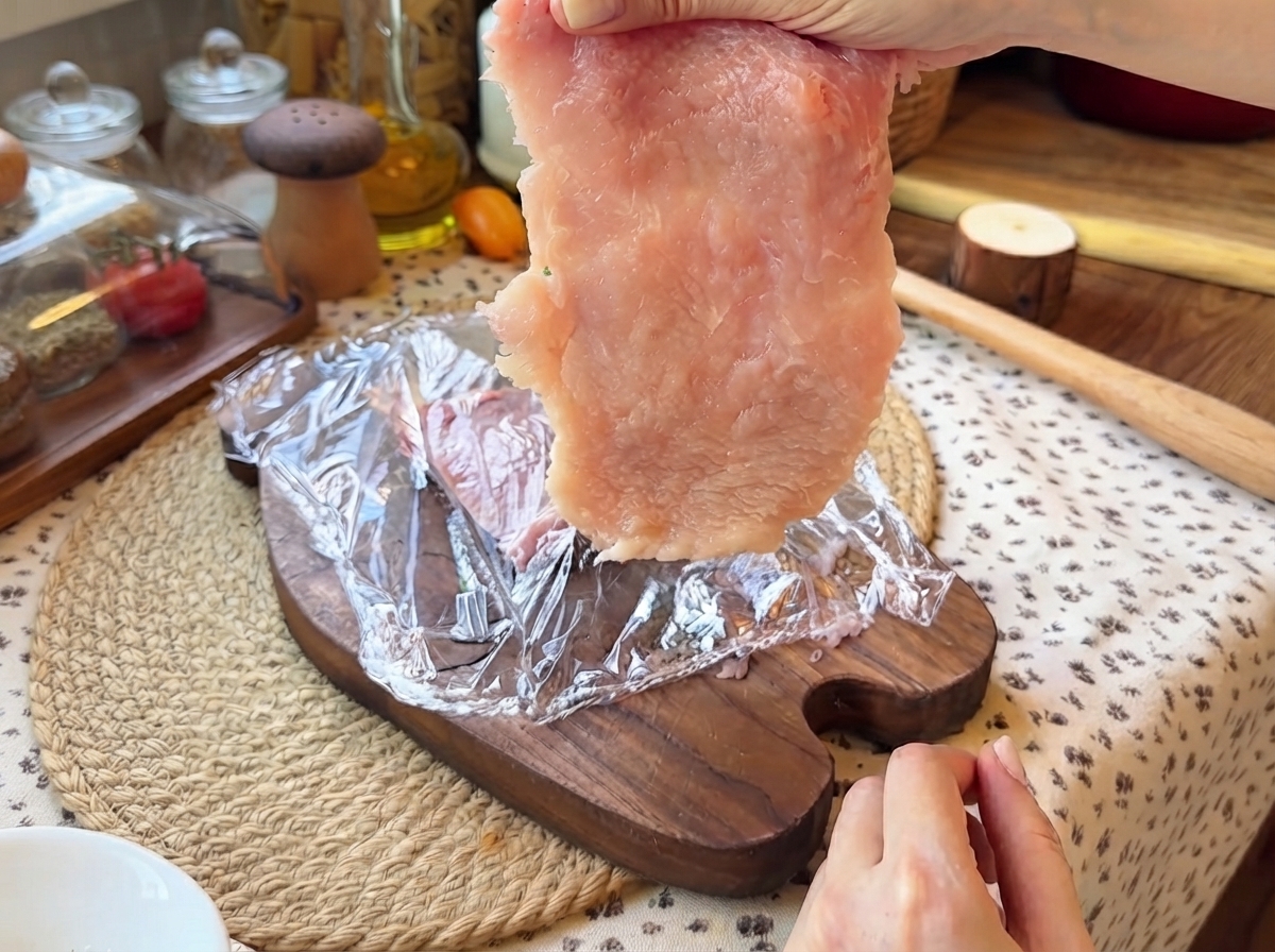 Un pezzo di filetto di maiale appena battuto e appiattito tenuto sopra un tagliere di legno con pellicola trasparente.