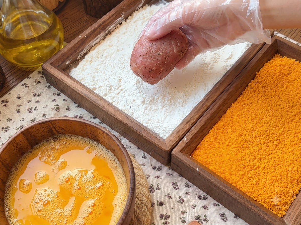 Una mano con i guanti che tiene un rotolo di carne sopra un vassoio di legno pieno di amido di mais, accanto a una ciotola di uova sbattute e pangrattato.