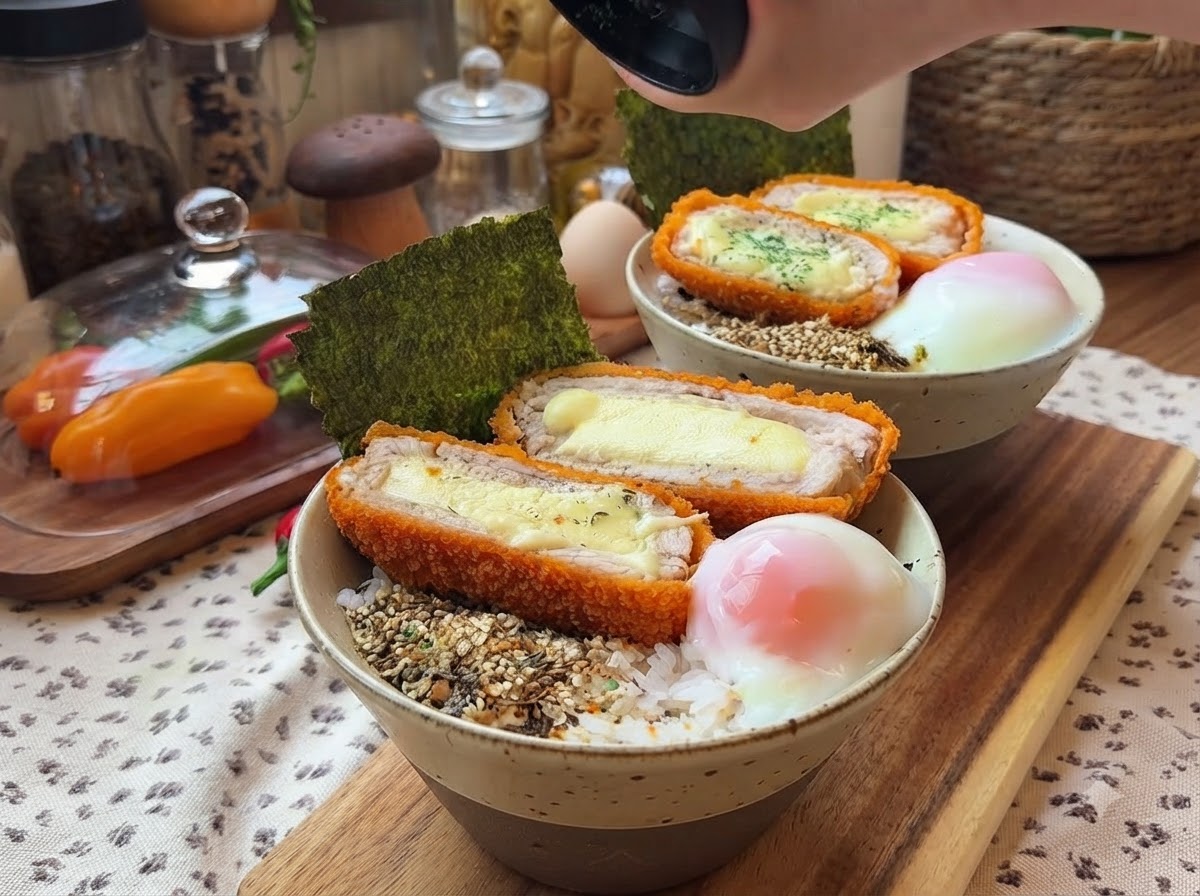Un piatto finito di cotolette di maiale e formaggio croccanti servite sul riso con un uovo termale e un foglio di nori in una ciotola di ceramica.
