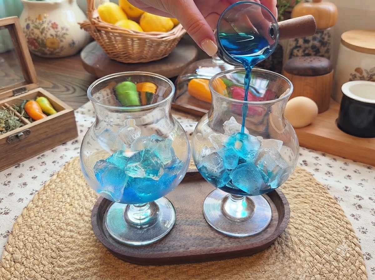 Sciroppo blu versato da un piccolo contenitore di vetro in bicchieri alti riempiti di cubetti di ghiaccio su un vassoio di legno.