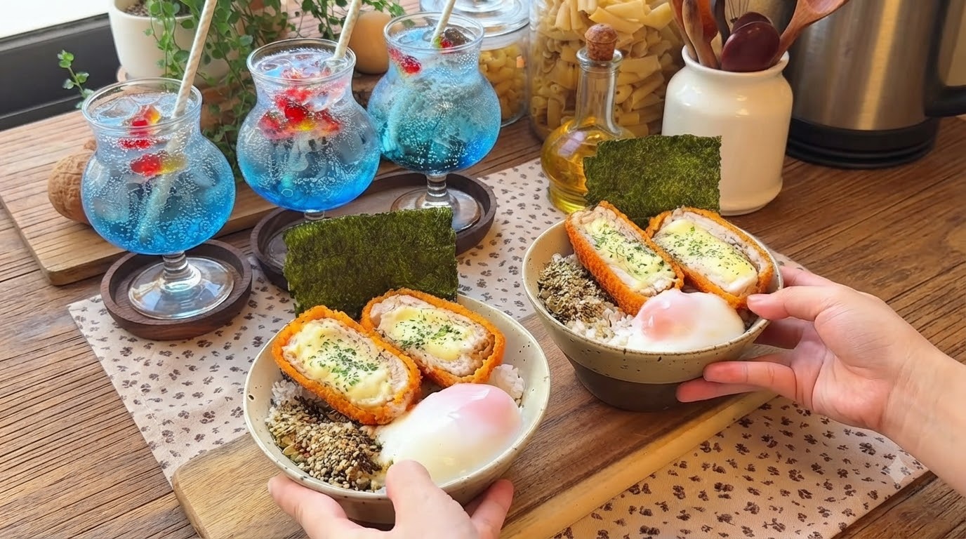 Cotoletta di Maiale Ripiena di Formaggio con Riso, Uovo Termale e Bibita Effervescente ai Pescirossi