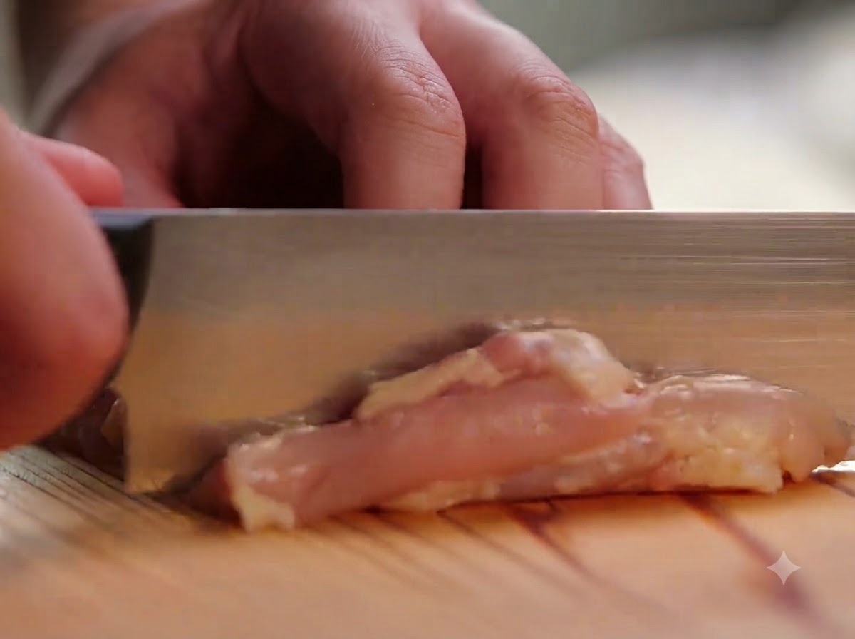 Cosce di pollo disossate tagliate a piccoli pezzi su un tagliere di legno con un coltello.