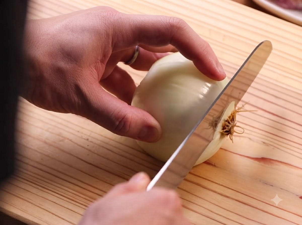 Una cipolla tagliata a strisce sottili con un coltello su un tagliere di legno.