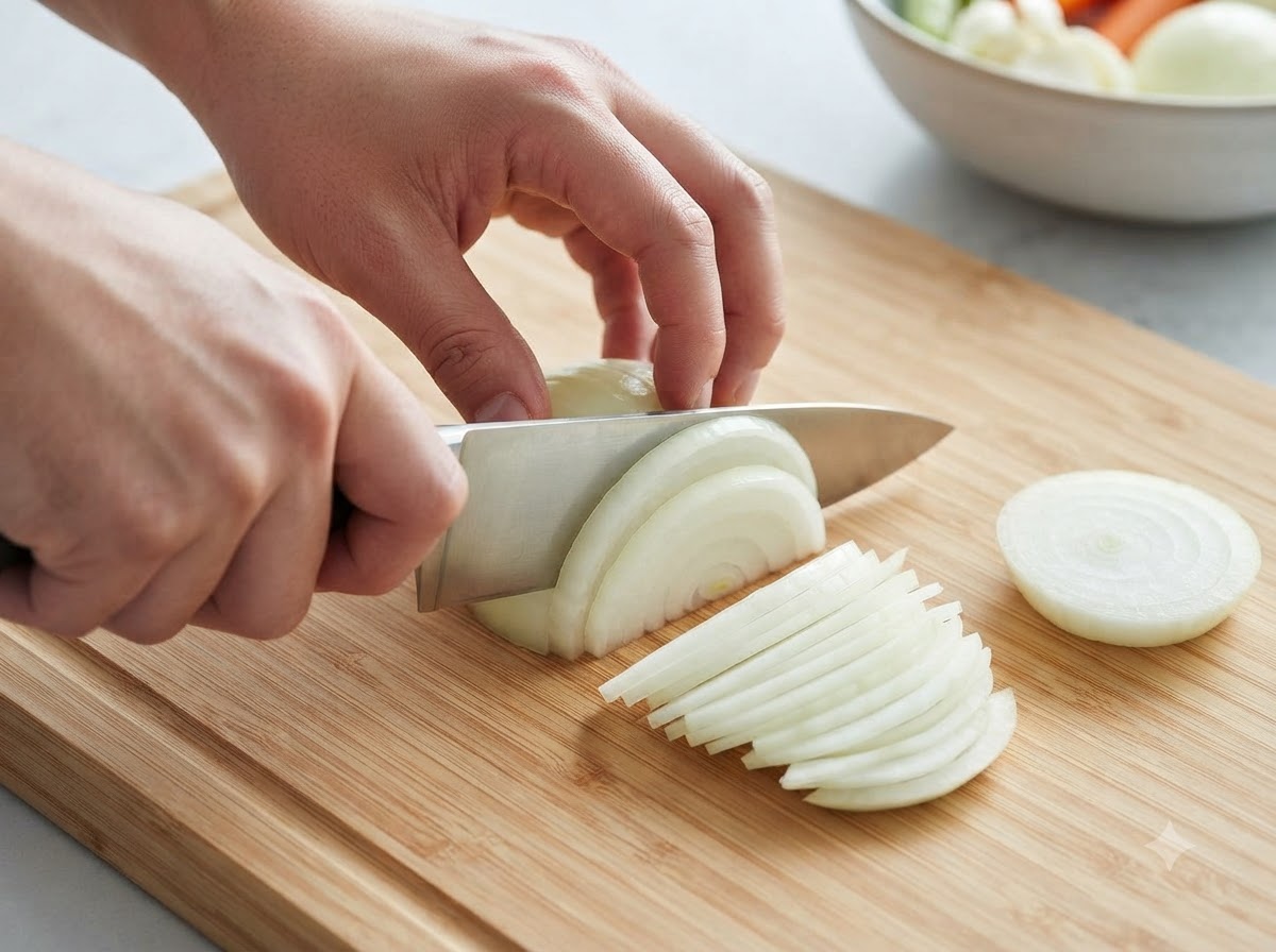 Una carota tagliata a pezzi irregolari con un coltello da cucina su un tagliere di legno.
