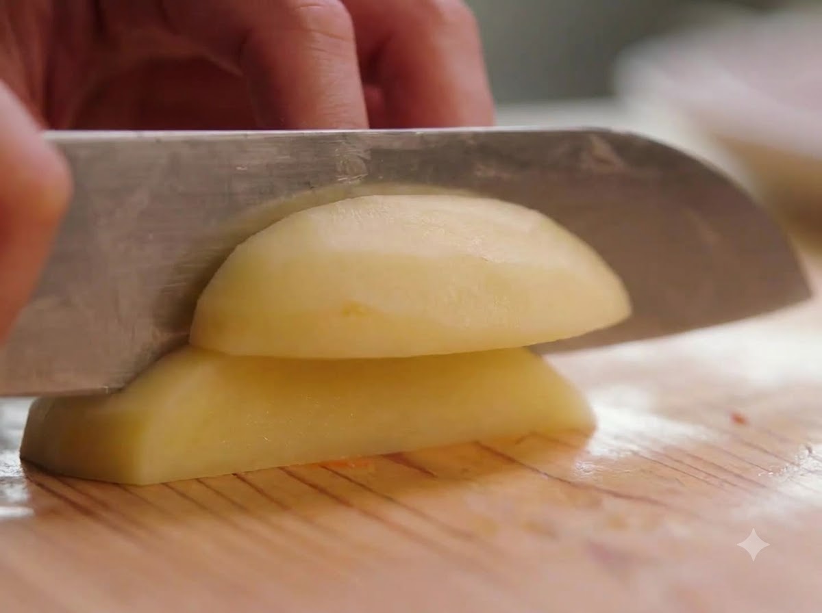 Una patata sbucciata tagliata a piccoli pezzi su un tagliere di legno utilizzando un coltello affilato.