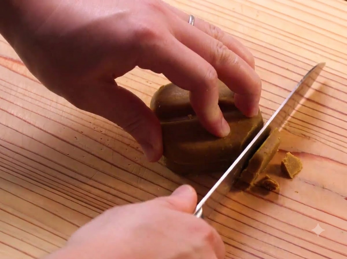Un coltello che taglia i blocchi di curry giapponese su un tagliere di legno.