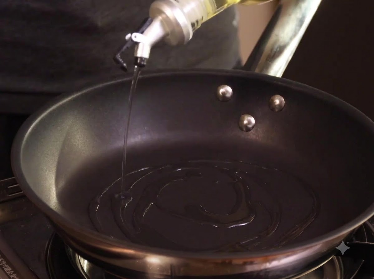 Pezzi di pollo marinato aggiunti in una padella calda con olio per essere fritti.