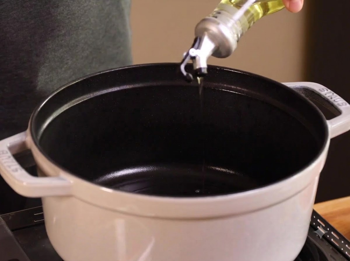 Olio versato in una pentola bianca per essere scaldato.